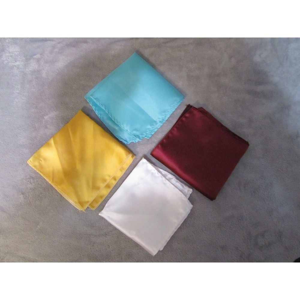 Mens Pocket Square Set 4 Piece Solid Satin Burgundy Blue White Yellow Formal